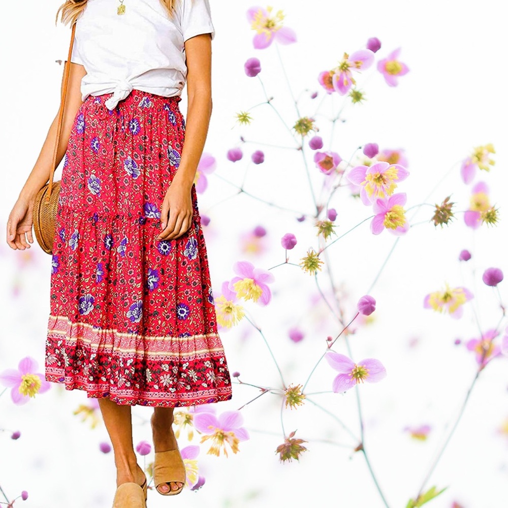 Bohemian Floral Tiered Midi Skirt (Small)